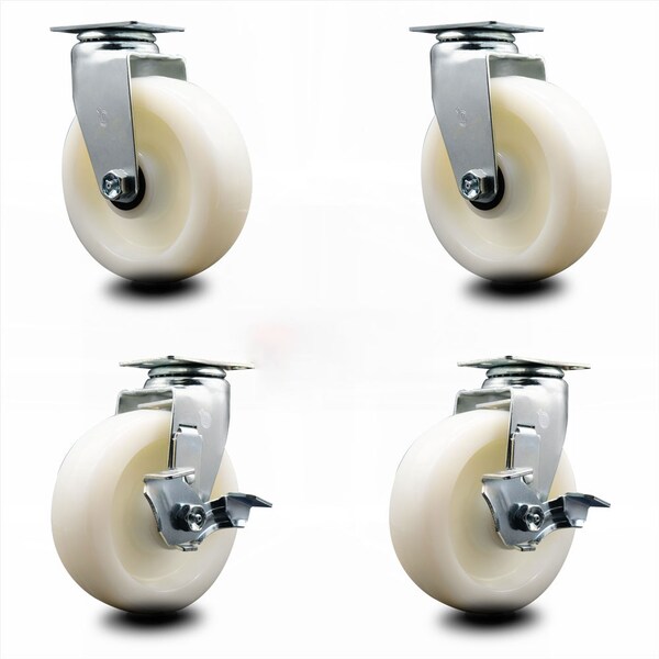 6 Inch Nylon Swivel Caster Set with Ball Bearings 2 Brakes SCC